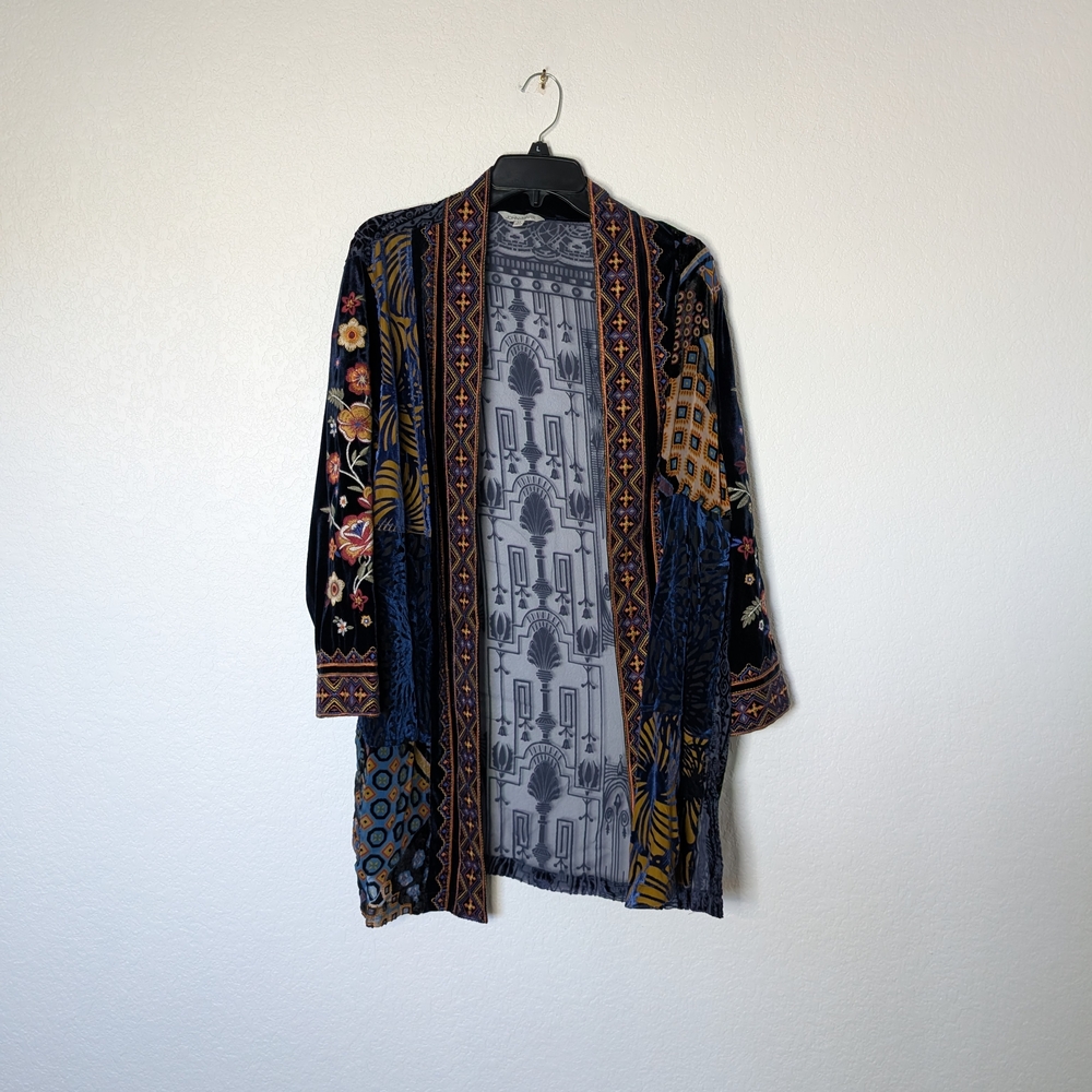 Navy Multicolor Velvet Open-Front Kimono Blazer